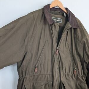 Timberland Barn Jacket L Green Brown Vintage Chore Coat Leather Collar Wool